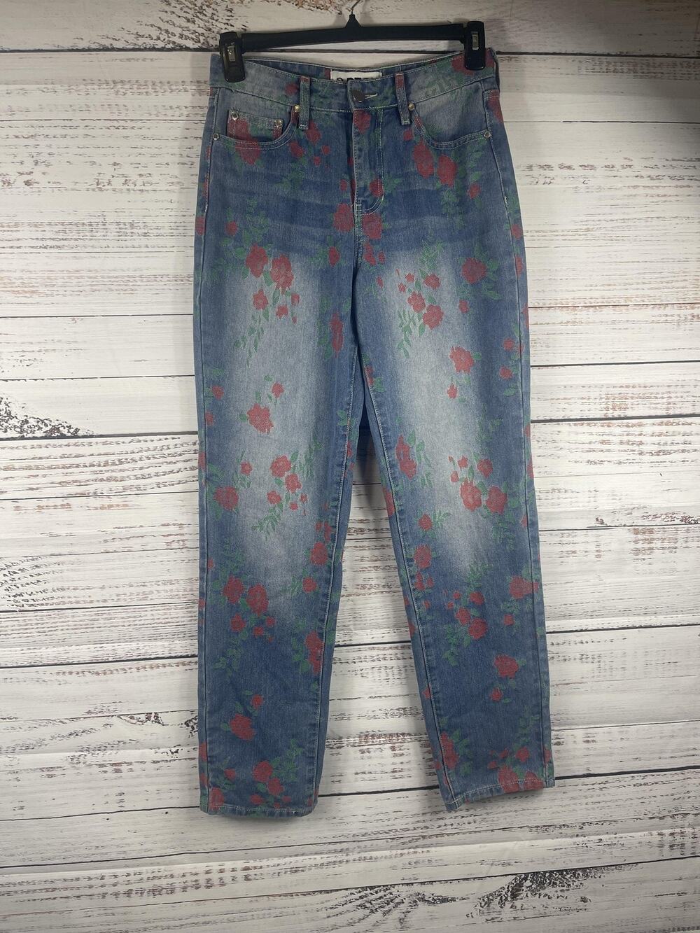 PTCL Jeans Womens 27 Blue Rose Floral Print High Rise Straight Denim Pants